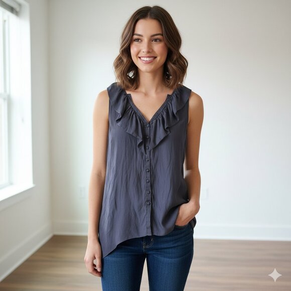 RW&CO Women Deep V Neck Tank Tops Size XS Lotus Ruffle Sleeveless Blouse - Picture 1 of 10